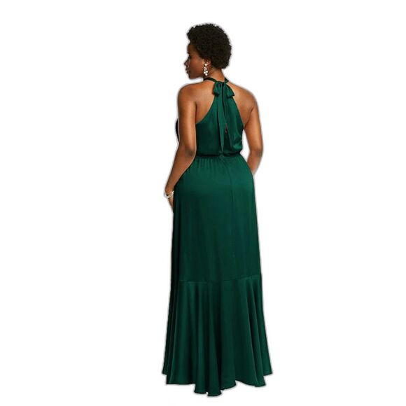 Social 8230 Whisper Satin Halter Maxi Dress Ruffle Skirt in Evergreen Size 14 - Picture 3 of 10